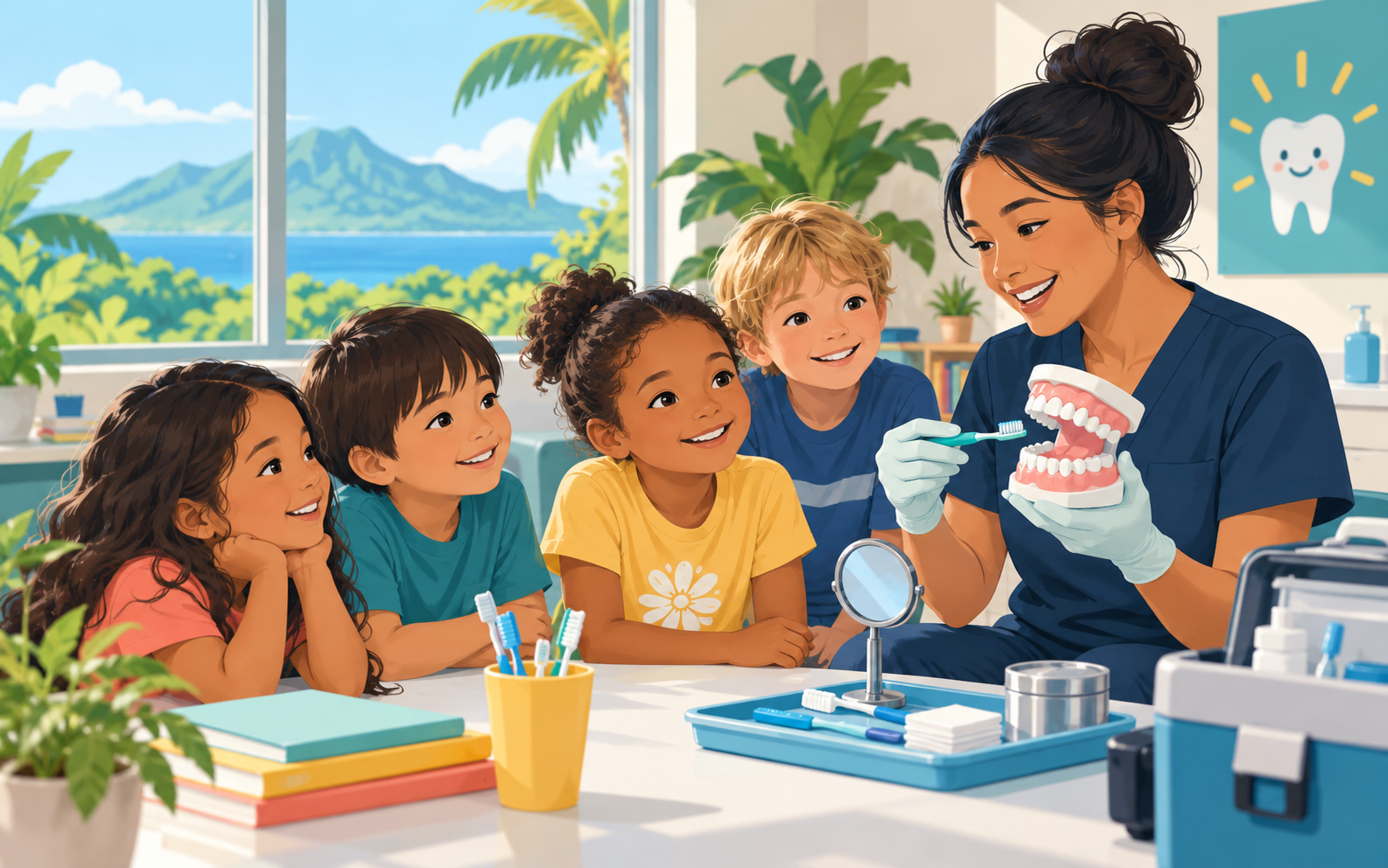 Illustration of keiki learning healthy brushing habits from a dental professional at school